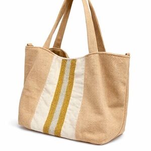 America & Beyond Canvas Stripe Tote Bag in Beige and Gold